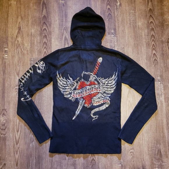 Rawalty Sweaters - RAWALTY BLACK BLINGY HEART BREAKER ZIP UP HOODIE S